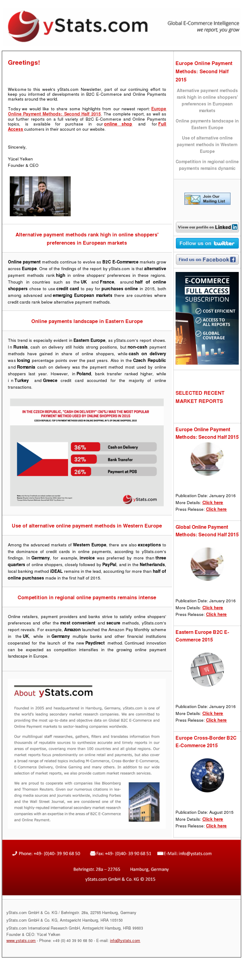 yStats.com Newsletter , 2016 , advanced markets , emerging European markets , online shoppers , Online payment methods , UK , Germany , Netherlands , local banking method iDEAL , invoice , Turkey , PayPal , Greece , Russia , Czech Republic , Romania , Amazon Pay , Online retailers , payment providers , non-cash payment methods , cash on delivery , B2C E-Commerce markets growth , Europe online payment landscape  Online payment methods continue to evolve as B2C E-Commerce markets grow across Europe. One of the findings of the report by yStats.com is that alternative payment methods rank high in online shoppers’ preferences in these regions. Though in countries such as the UK and France, around half of online shoppers chose to use credit card to pay for purchases online in 2015, both among advanced and emerging European markets there are countries where credit cards rank below alternative payment methods.

This trend is especially evident in Eastern Europe, as yStats.com’s report shows. In Russia, cash on delivery still holds strong positions, but non-cash payment methods have gained in share of online shoppers, while cash on delivery was losing percentage points over the past years. Also in the Czech Republic and Romania cash on delivery was the payment method most used by online shoppers last year. However, in Poland, bank transfer ranked higher, while in Turkey and Greece credit card accounted for the majority of online transactions.

Among the advanced markets of Western Europe, there are also exceptions to the dominance of credit cards in online payments, according to yStats.com’s findings. In Germany, for example, invoice was preferred by more than three quarters of online shoppers, closely followed by PayPal, and in the Netherlands, local banking method iDEAL remains in the lead, accounting for more than half of online purchases made in the first half of 2015.

Online retailers, payment providers and banks strive to satisfy online shoppers’ preferences and offer the most convenient and secure methods, yStats.com’s report reveals. For example, Amazon launched the Amazon Pay Monthly scheme in the UK, while in Germany multiple banks and other financial institutions cooperated for the launch of the new Paydirect method. More launches are expected to come as competition intensifies in the growing online payment landscape in Europe.