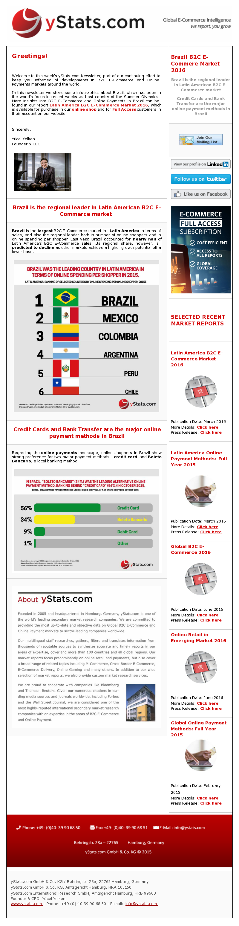 Smaller markets in Latin America outperform Brazil in B2C E-Commerce growth

Latin America’s B2C E-Commerce market is one of the smallest worldwide in terms of sales, the new report by yStats.com reveals. Online retail is only starting to evolve across this region and accounted for a tiny share of overall retail sales in 2015. This signals a great potential for further development. In the near future, B2C E-Commerce sales in Latin America are predicted to maintain strong double-digit growth rates, spurred by Internet access, financial services and online shopper penetration rising across the region. Both local and international E-Commerce companies are competing for a larger share of this growing market, with Amazon launching full operations in Mexico in 2015 and Argentina-based marketplace operator MercadoLibre scoring high by number of website visitors in almost every major market of the region.

Brazil is Latin America’s leader in B2C E-Commerce sales, with multiple sources cited in yStats.com’s report ranking it high above other countries in terms of sales, number of online shoppers and online spending per shopper. However, even in Brazil online retail accounted for less than 5% of total retail sales in 2015 and is not expected to break this threshold in the next few years.

Argentina and Mexico are predicted to overtake Brazil in B2C E-Commerce sales growth. In 2015, Argentina was already the region’s strongest performer in terms of growth rate, with online retail rising by a high double-digit percentage share. Meanwhile, Mexico was ahead of other countries in Latin America in the adoption of major market trends including M-Commerce and cross-border online shopping, according to the findings revealed in yStats.com’s report.

Furthermore, Chile had the highest Internet and online shopper penetration in higher-income population groups in Latin America last year, though showing a significant discrepancy between rural and urban regions in online retail development. In Colombia, on the contrary, online shopper penetration among Internet users was very low, in the single-digit range, but improving. Another market to watch is Peru. Though currently accounting for less than 1% of the country’s total retail sales, B2C E-Commerce in Peru is likely to be spurred by the rising Internet penetration and a program for financial inclusion launched by the government in 2015.